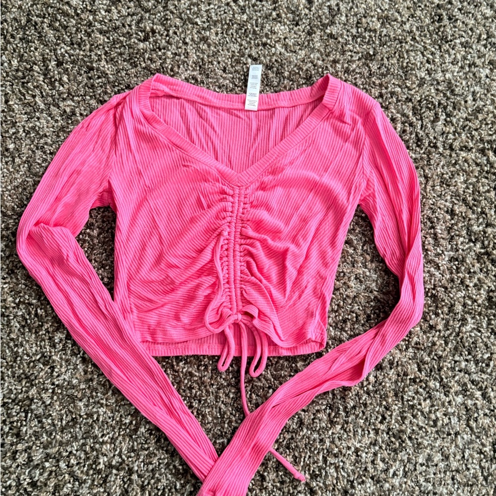 ALO Yoga Pink Ruched Long Sleeve Crop Blouse